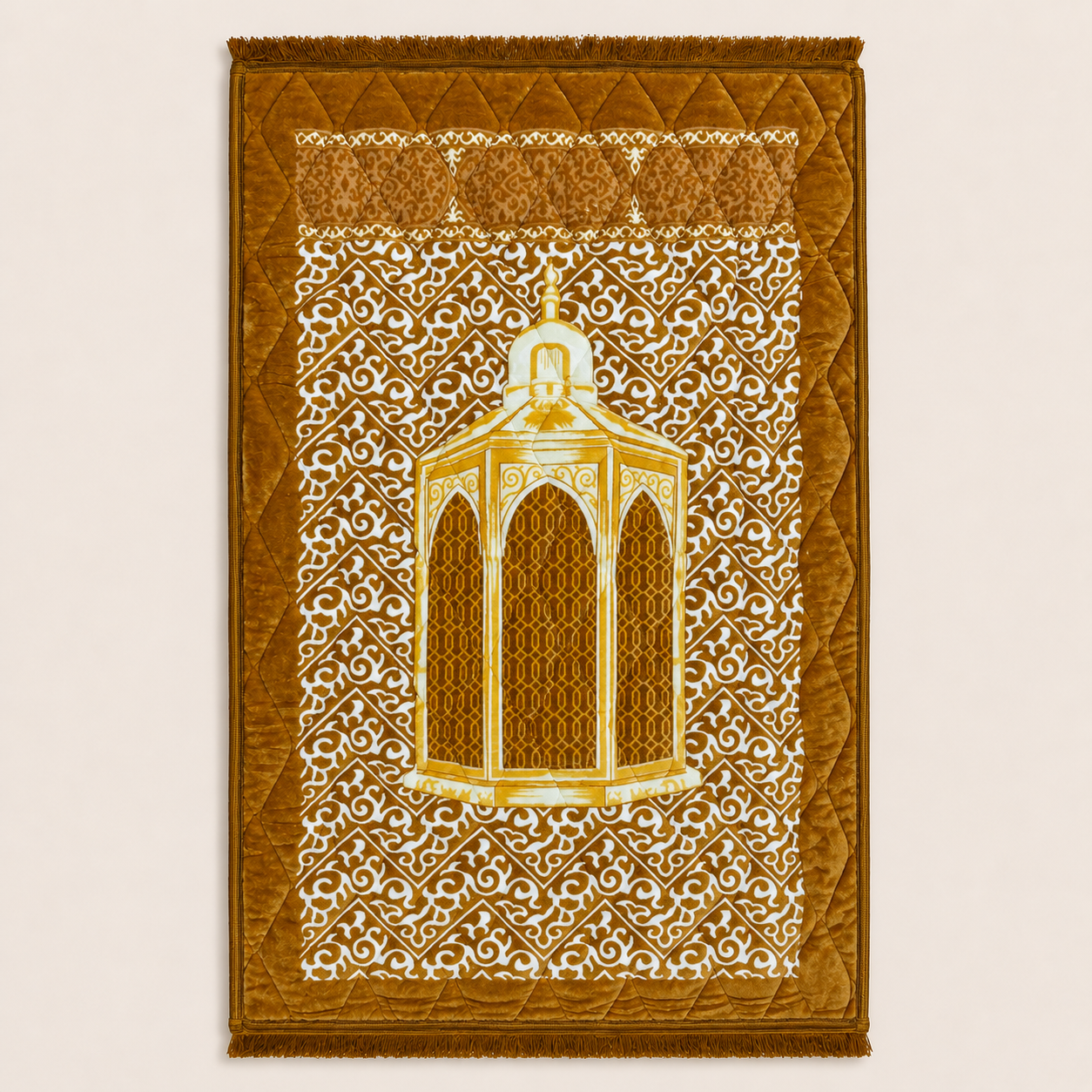 Luxury Mustard Gold Lantern Prayer Mat (Janamaz) 80×120 cm | Naqsh e Pehchan